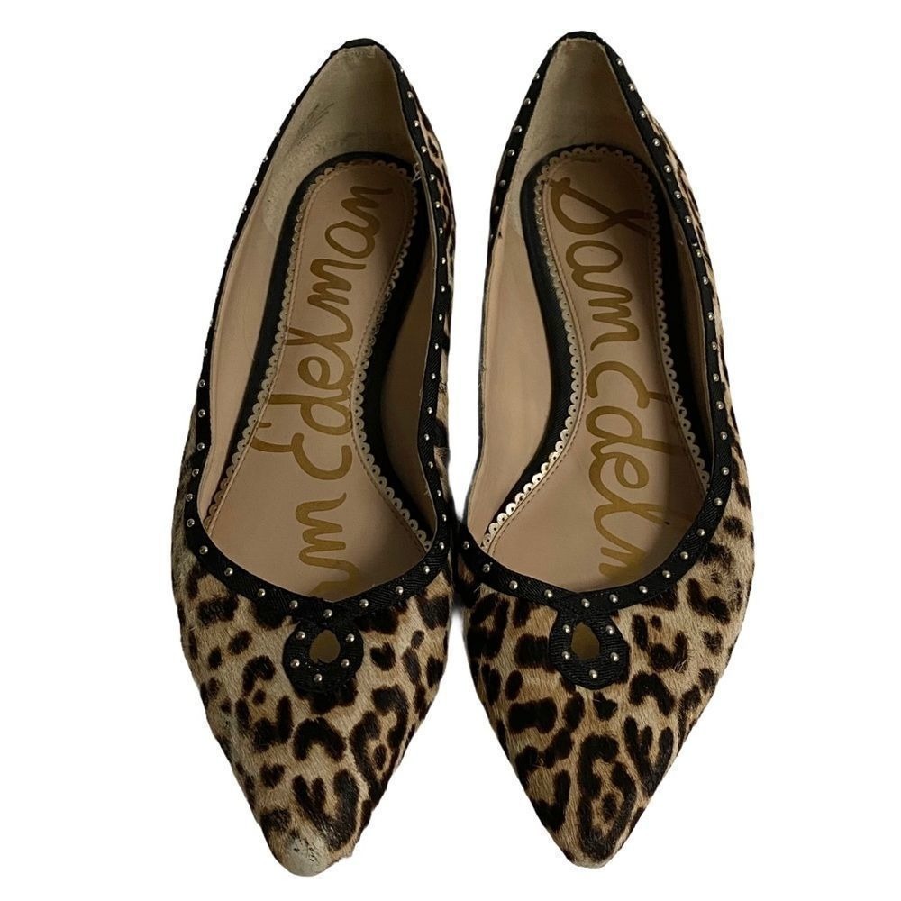Sam Edelman Sz 9 Leopard Print Calf Hair Studded Pointed Toe Flats Slip On Shoes
